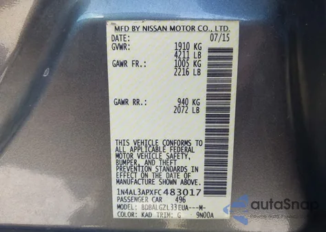 2015 Nissan Altima 2.5 S from USA, damaged, VIN 1N4AL3APXFC483017